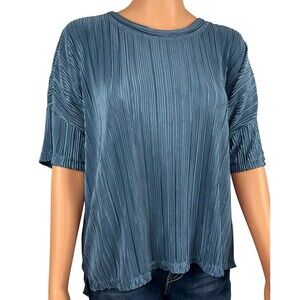 Andrew Marc Womens Large Blue Plisse Top Blouse Short Sleeve Ladies New